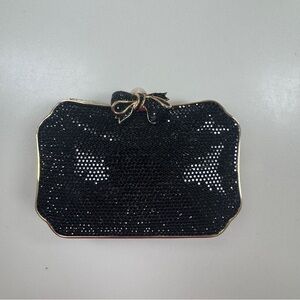 Judith Leiber Black Crystal Minaudiere Clutch Evening Bag w/ Shoulder Strap